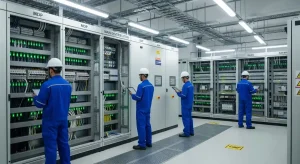 Teknisi memeriksa panel listrik utama dalam jasa panel listrik untuk mall dan hotel modern