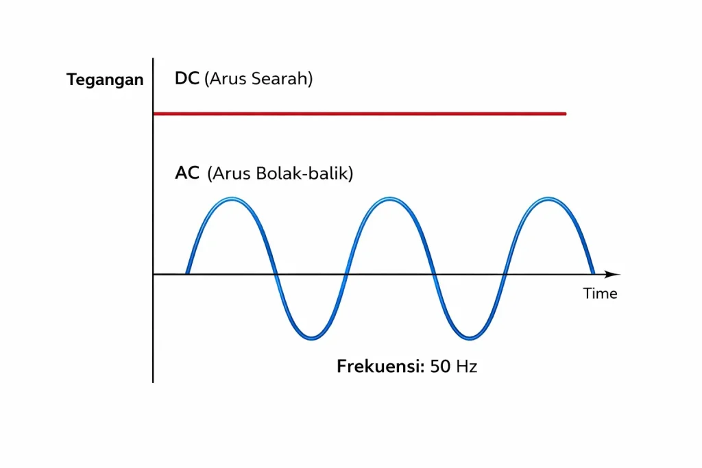 diagram perbandingan arus listrik DC dan AC dalam pengertian arus listrik sistem kelistrikan industri