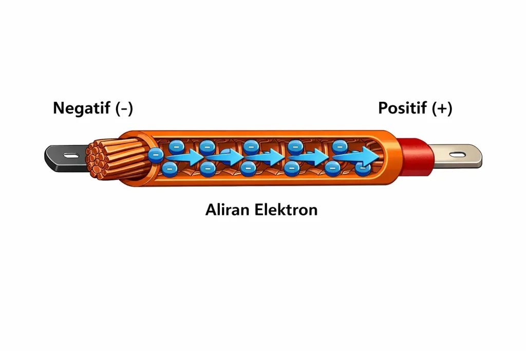  ilustrasi pengertian arus listrik dan aliran elektron dalam konduktor tembaga pada sistem kelistrikan