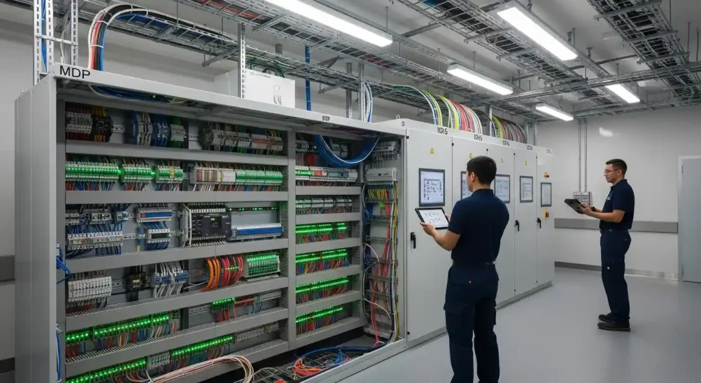  kontraktor panel listrik untuk rumah sakit sedang melakukan pengecekan sistem MDP di ruang panel