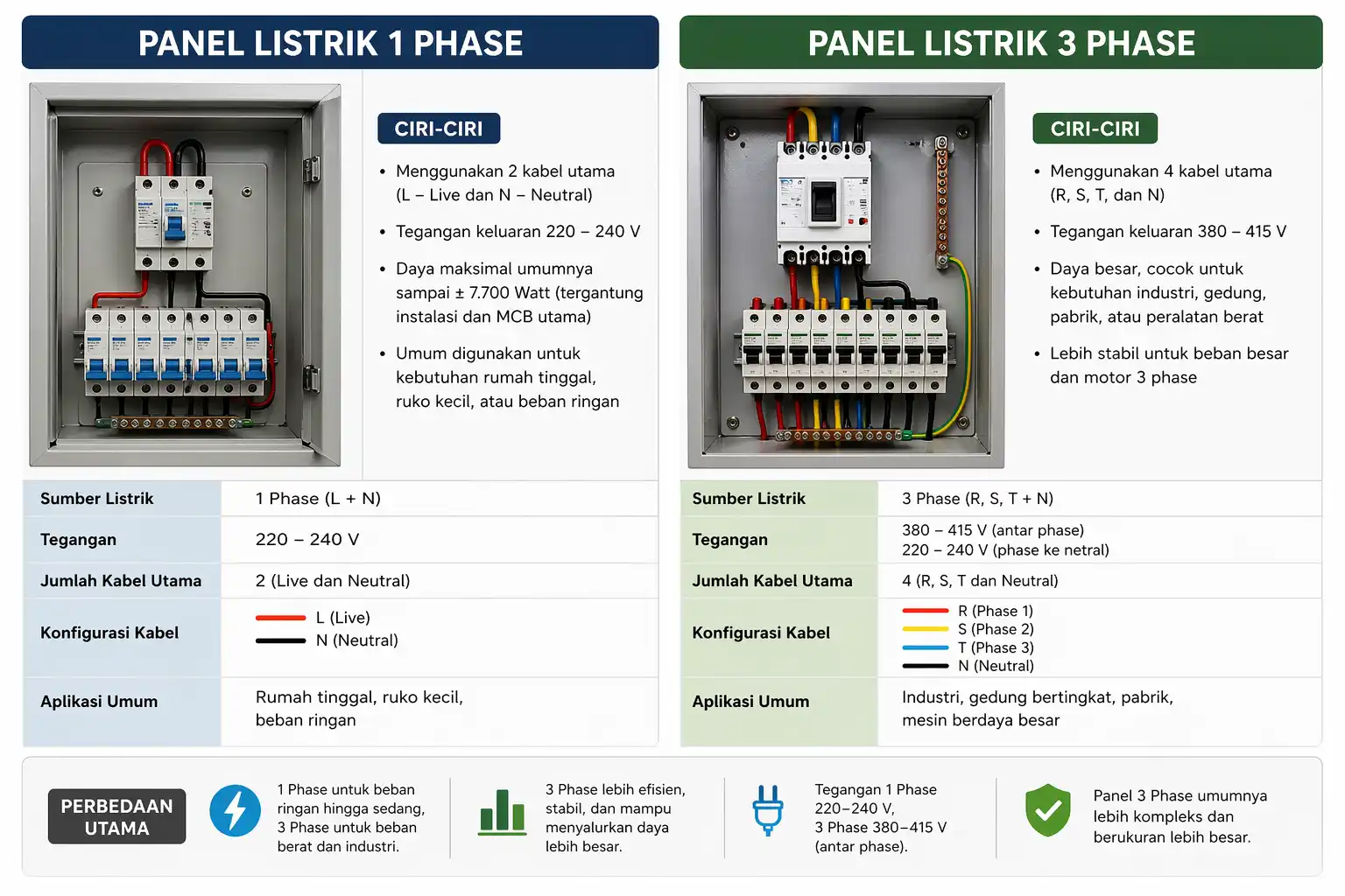 perbedaan panel listrik 1 phase dan 3 phase